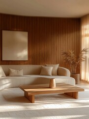 Minimalist, a modern Scandinavian interior design of a residential living room with finished walls and sofas and tables using wood. Generative AI

