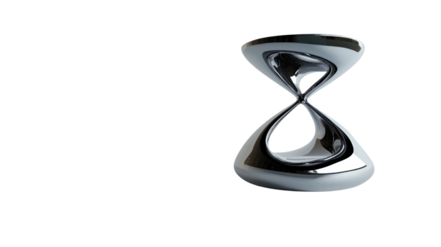 A sleek, modern hourglass sculpture made from shiny chrome. Its unique shape symbolizes the passage of time in an artistic and elegant manner.