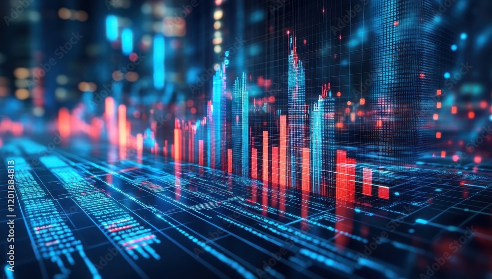 Poster futuristic data visualization featuring colorful bar graphs on digital interface representing financ