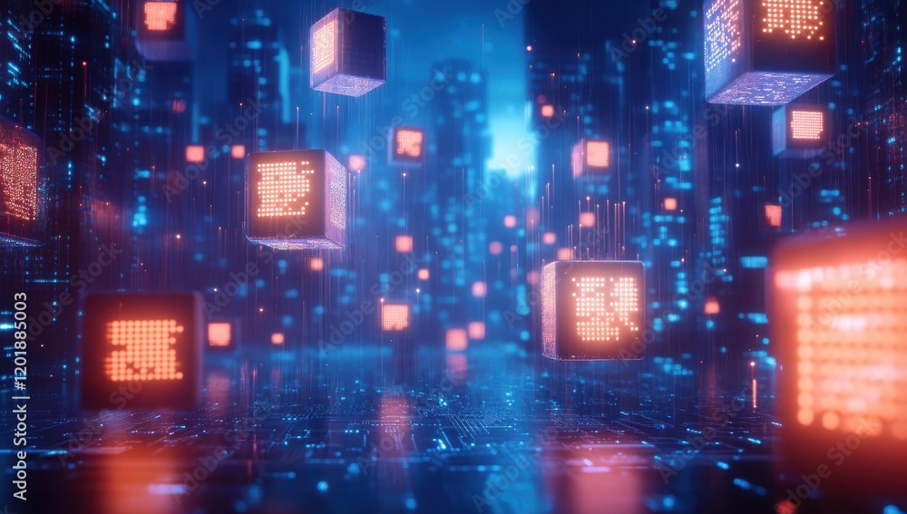 Poster futuristic digital cityscape with floating data blocks and neon lights creating a virtual network of