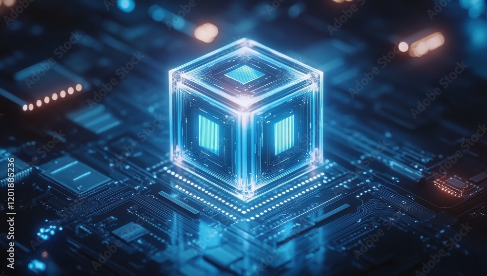 Poster futuristic glowing cube on circuit board with abstract technology background, ideal for representing