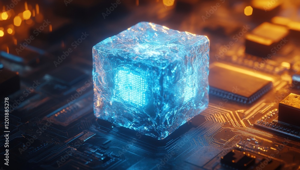 Aufkleber futuristic ice cube with glowing core on a circuit board, representing technology, data processing, 