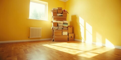 Sunlight streams through a window onto a room filled with stacked cardboard boxes, signifying a move, a fresh start, or the anticipation of change.