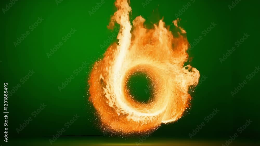 Poster realistic orange fire ring dynamically rotating, revealing intricate burning patterns against chroma