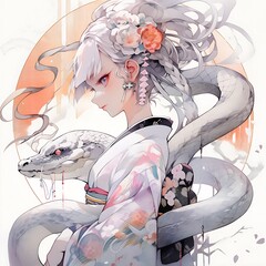 Woman With White Hair and Floral Adornment Accompanied By A Large White Serpent In Profile