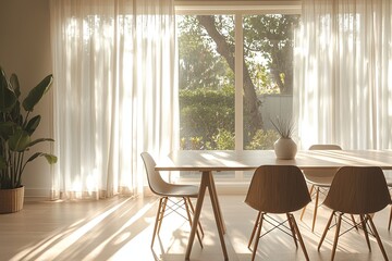 Minimalist, Mid century Modern Interior Design in a Housing Dining Room with a Table and Chair. Generative AI
