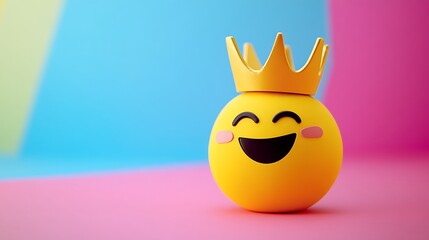 Proud emoji wearing a crown isolated on a colorful background