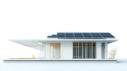 A modern eco-friendly house featuring solar panels and large glass windows, blending sustainability with contemporary design for a harmonious lifestyle.