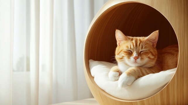 An orange tabby cat peacefully rests inside a round wooden shelter, basking in soft sunlight filtering through sheer curtains, evoking a calming mood of tranquility.