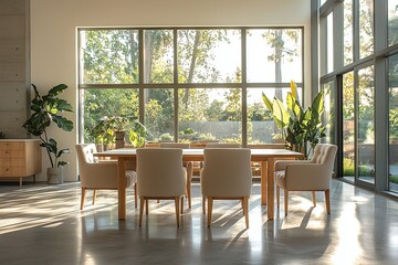 Fototapeta premium Minimalist, Mid century Modern Interior Design in a Housing Dining Room with a Table and Chair. Generative AI 