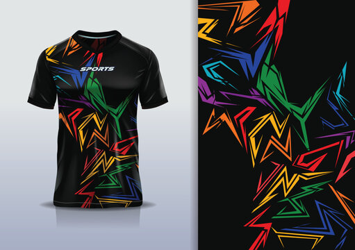 T-shirt mockup abstract stripe line jersey design for football, soccer, racing, esports, running, in black full color
