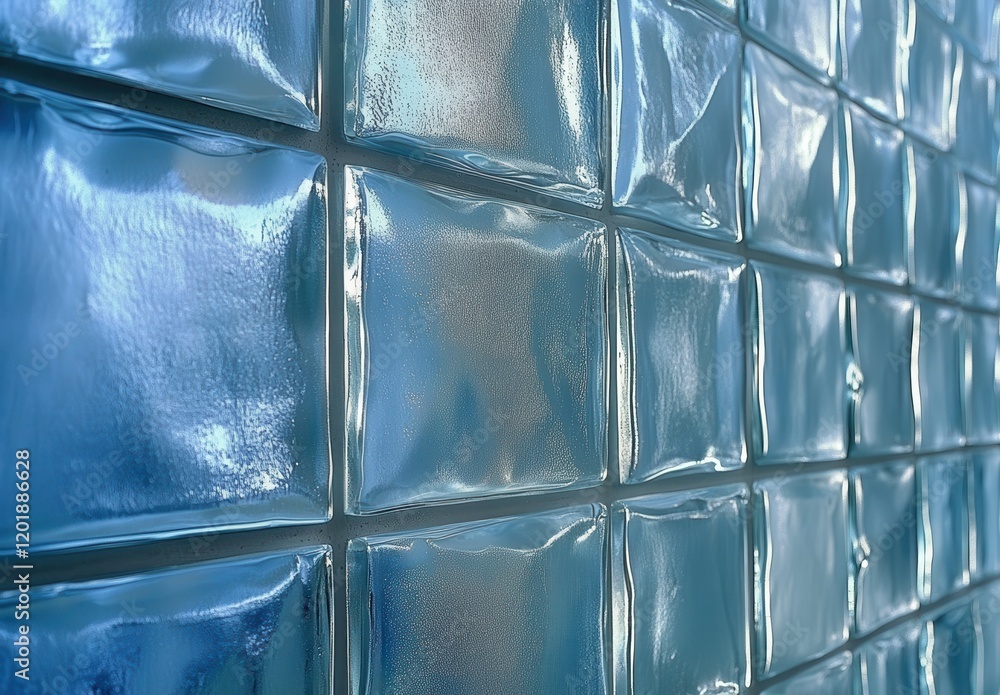 Poster glossy blue glass block wall with textured surface and reflections highlighting light play and depth