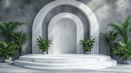 Fototapeta premium Modern Minimalist Marble Podium with Tropical Plants