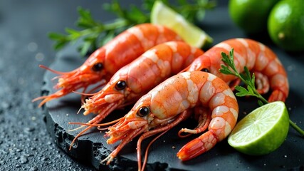 Fresh Raw Prawns with Lime & Thyme on Wet Stone - Gourmet Seafood