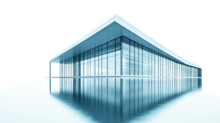 A modern architectural masterpiece showcasing sleek lines and reflective surfaces, set against a tranquil backdrop, emphasizing innovative design.