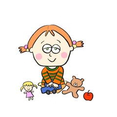Pop little girl with toys (海外風ポップな女の子とおもちゃのイラスト手書き風)