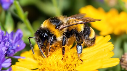 Close-up of a bumblebee collecting nectar from vibrant yellow flower amidst colorful blossoms