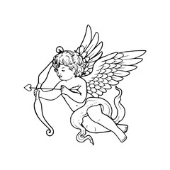 a black and white drawing of a cupid coloring page