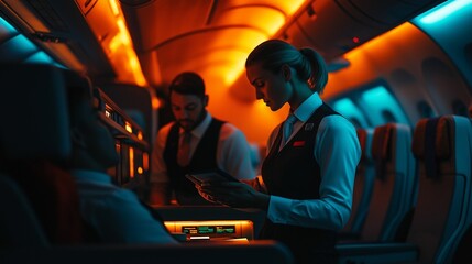 Cabin crew standing by an emergency exit inside the airplane, holding an instruction card with a professional demeanor, soft ambient cabin lighting