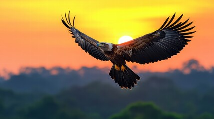 Obraz premium Eagle with wings fully spread, soaring in a cloudy sky bathed in sunrise glow, powerful and free