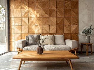 Modern minimalist interior design of a residential living room with wood-finished walls and sofas and tables. Generative AI
