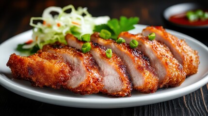 A delicious, crispy sliced pork dish garnished with fresh greens served on a white plate, perfect for showcasing culinary delight and texture.