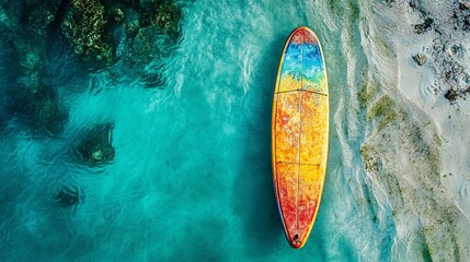 Obraz premium A colorful paddleboard resting on the shoreline with calm turquoise water behind it