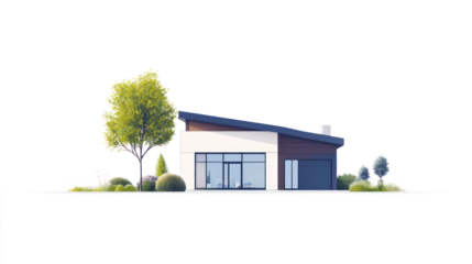 A modern house design featuring large windows and landscaped greenery, perfect for showcasing contemporary architecture and outdoor living.