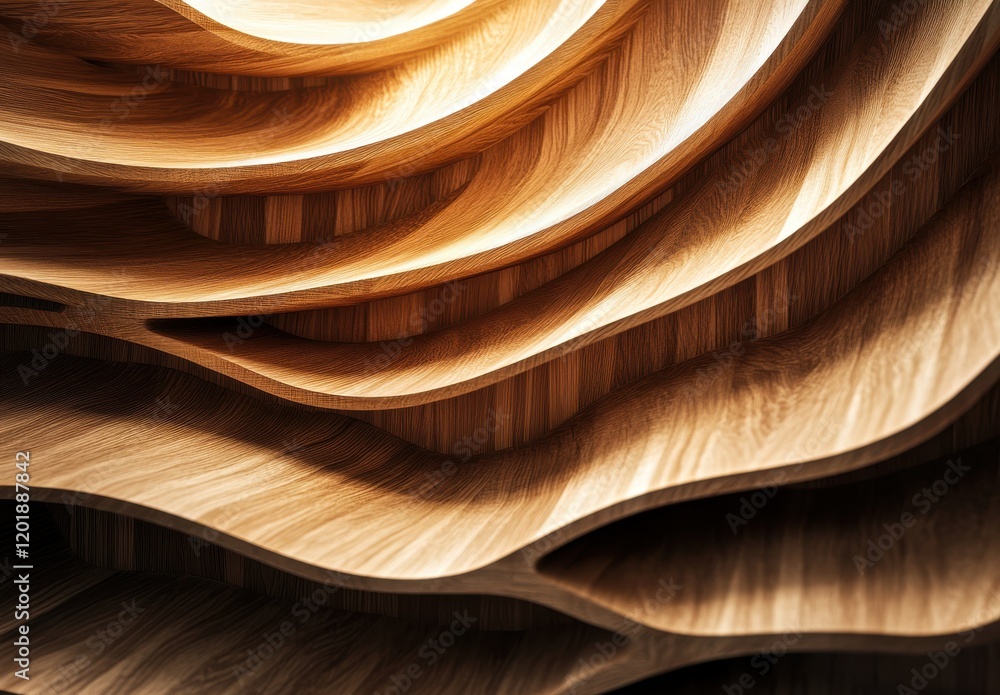 Poster intricate layers of curved wood design showcasing natural grain patterns and textures in modern craf
