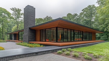 Fototapeta premium Modern house, woods setting, large windows, outdoor patio