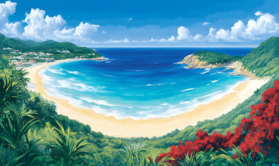 Naklejka premium Serene tropical beach cove, turquoise water, white sand, lush greenery, vibrant red flowers, idyllic vacation paradise.