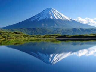 Fototapeta premium Majestic Mount reflected in calm waters with a clear blue sky backdrop creating a stunning landscape