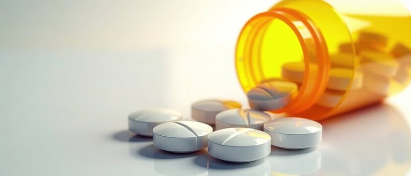 Duloxetine Pills Spilling from Yellow Bottle - Realistic Medical Illustration