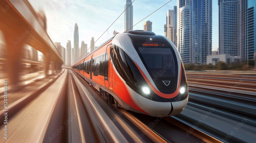 Aufkleber a wide-angle view of an electric train speeding through a cityscape, with motion blur effects emphas