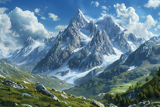 A mountain range with snow-covered peaks and a clear blue sky