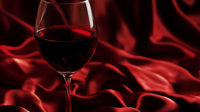 Glass of red wine on red silk against black background ai generative