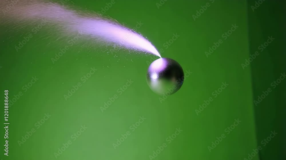 Poster metallic spherical object creating dynamic water splash against vivid green screen background, demon