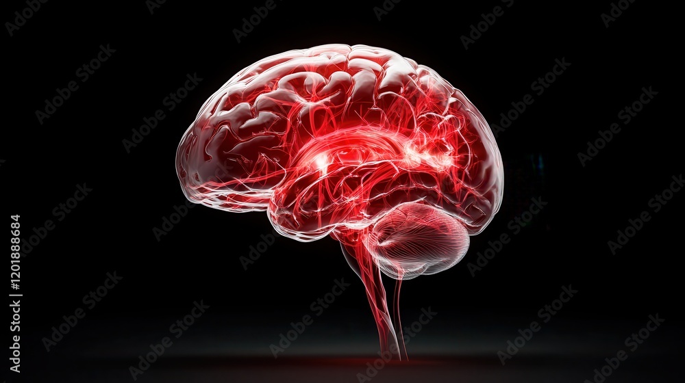 Poster image depicting a glowing red human brain with intricate neural connections, set against a stark bla
