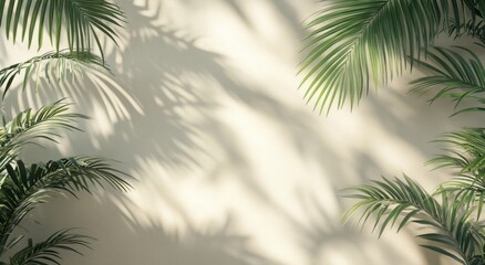 Naklejka premium Lush Green Palm Leaves Casting Beautiful Shadows on a Soft Neutral Background for a Tranquil and Refreshing Tropical Atmosphere in Any Design Project