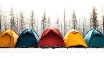 A line of colorful tents set in a snowy forest, symbolizing wilderness exploration and a connection with nature, highlighting the beauty of winter camping.