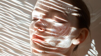 An adult seated in a room with light filtering through blinds creating patterns on their face suggesting reflection