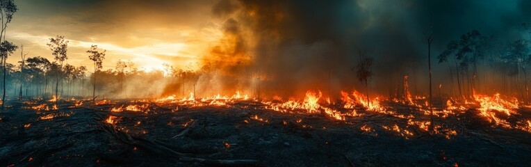 A dramatic scene of a forest fire consuming trees, representing the environmental disaster caused by human actions and the urgency for global conservation efforts.