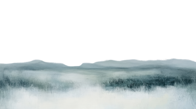 A serene landscape painting showcasing gentle hills shrouded in mist, evoking a sense of tranquility and natural beauty in soft hues.