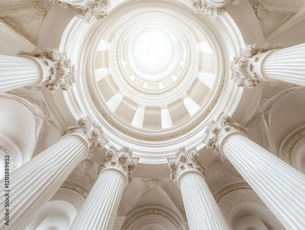 Poster majestic architectural view from the ground up showing elegant white columns and a circular ceiling 