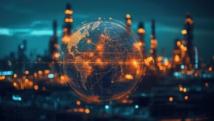Obraz premium Global Network: Interconnected World Against Industrial Cityscape