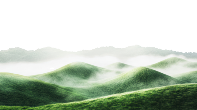 A serene, lush green landscape featuring gentle hills covered in soft mist, creating a calming and tranquil atmosphere perfect for nature lovers.