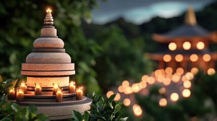 Nirvana Day Themed, serene Buddhist community scene with candles illuminating stupa