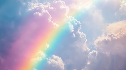 Rainbow arching over a field with clouds, symbol of hope and beauty, vibrant rainbow