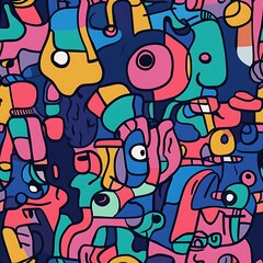 Colorful Abstract Shapes and Figures Overlapping on a Dark Background