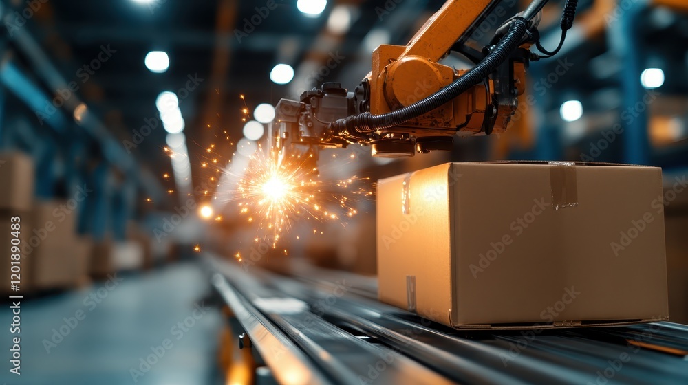 Aufkleber a robotic arm in a factory setting welds a package, emitting visible sparks, representing automation